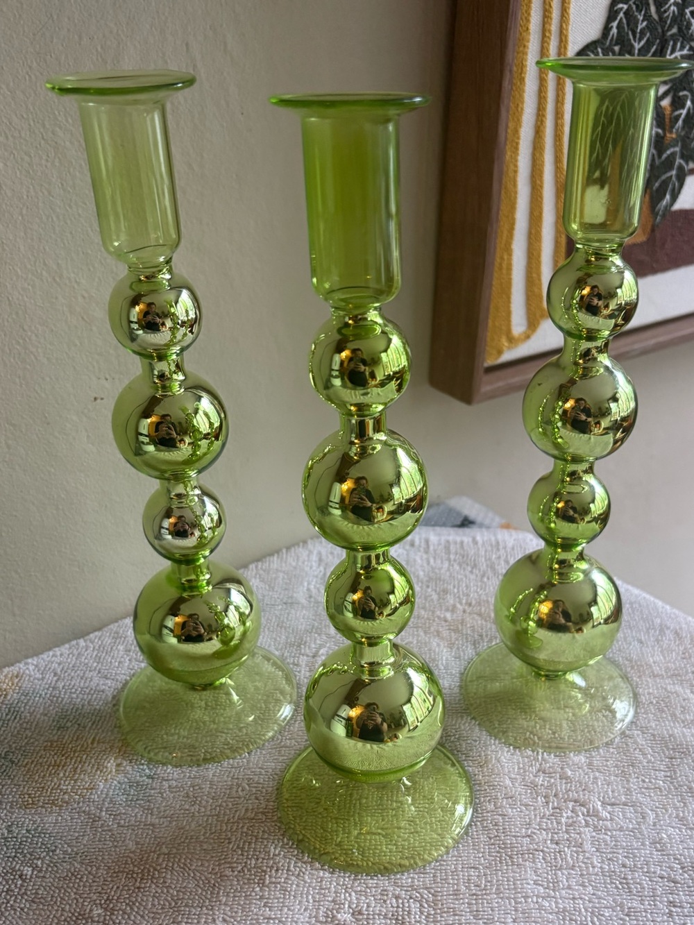 Set of 3 Vintage-Style Green Bubble Glass Taper Candlestick Holders